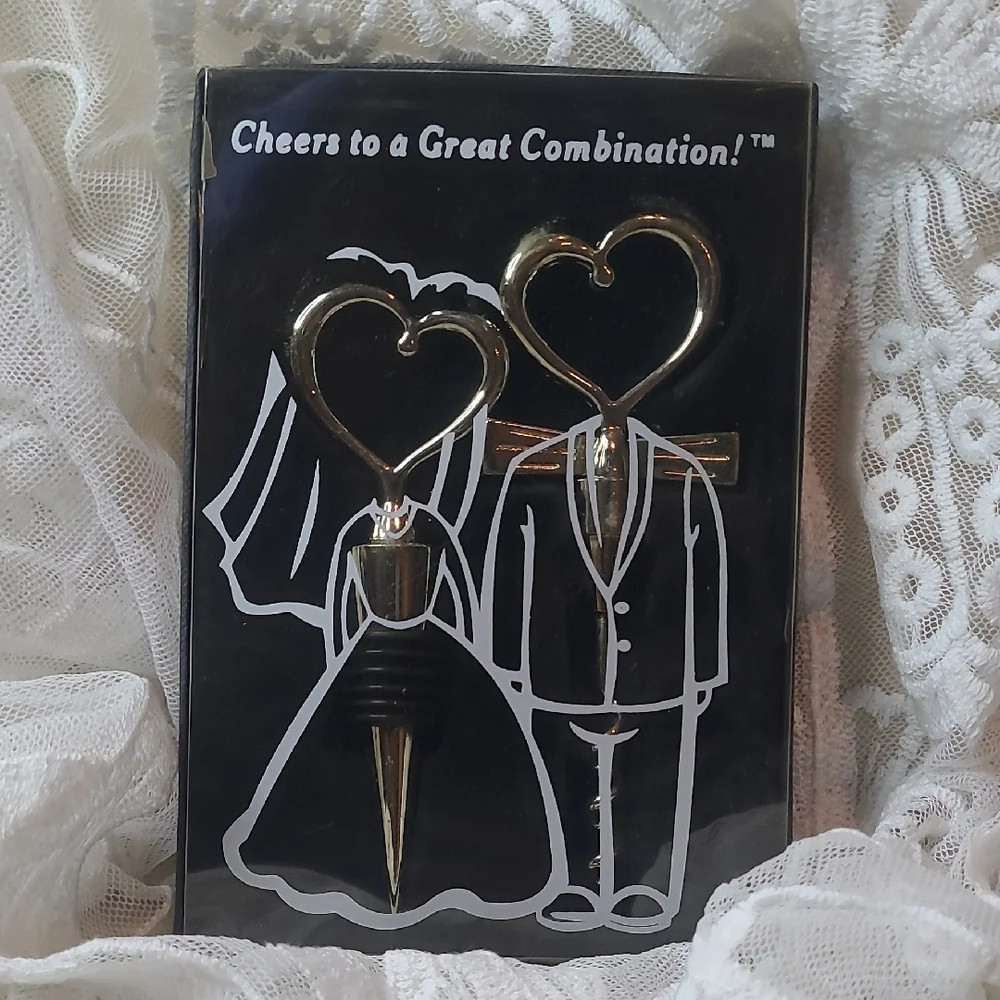 Silver Heart Wedding Bottle Stopper and Pourer Set - Home Party Supplies